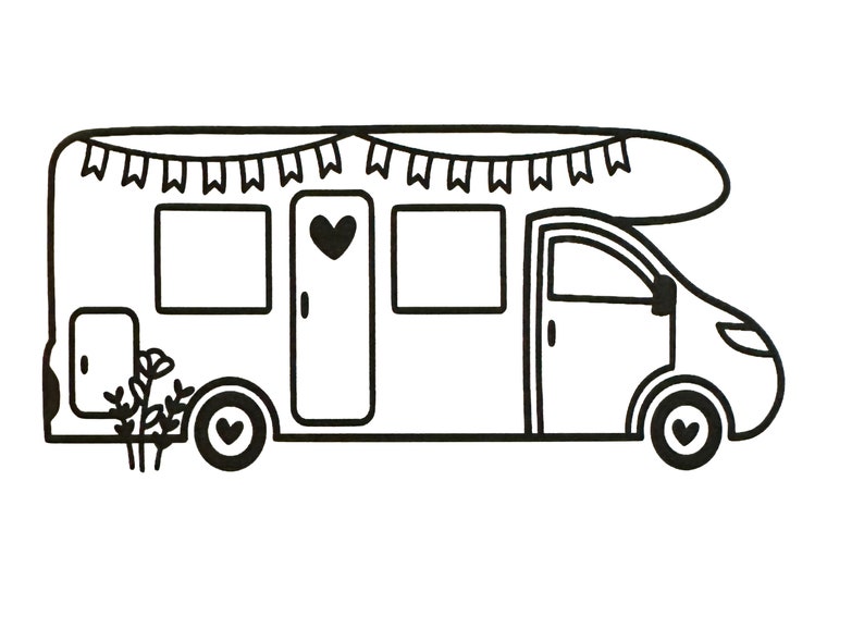 May include: A black and white line drawing of a camper van with a heart on the side and a string of flags on top. The camper van has a pop-up roof and two windows.