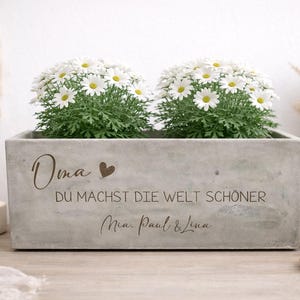 Könnte beinhalten: Ein rechteckiger Beton-Pflanzkübel mit zwei Gänseblümchenpflanzen. Auf der Vorderseite des Kübels stehen die Worte "Oma, Du machst die Welt schöner, Mia, Paul & Lina". Der Kübel ist von Kerzen und Dekorationsartikeln umgeben.