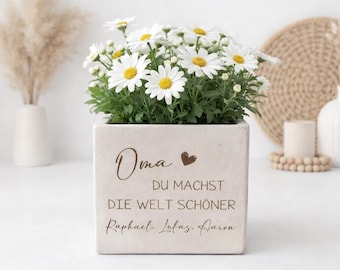 Personalisierter Blumentopf mit Gravur | Oma Geschenk mit Namen | Muttertagsgeschenk | Beste Mama Oma Geschenke | Blumenübertopf Betonoptik