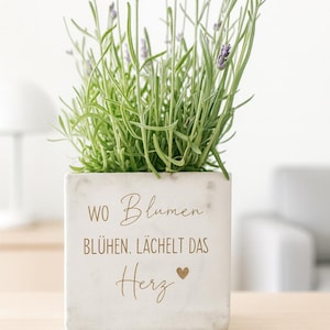 Könnte beinhalten: Ein quadratischer, cremefarbener Pflanztopf mit dem Text "Wo Blumen blühen. Lächelt das Herz" in braunen Buchstaben, der eine Lavendelpflanze enthält. Die Pflanze hat grüne Blätter und lila Blüten. Der Topf steht auf einer Holzoberfläche.