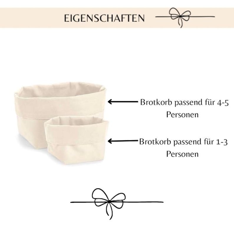 May include: Two white fabric bread baskets, one larger than the other. The larger basket is labeled "Brotkorb passend f&uuml;r 4-5 Personen" and the smaller basket is labeled "Brotkorb passend f&uuml;r 1-3 Personen".