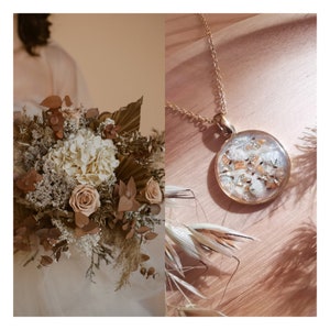 Pendentif souvenir bouquet de mariée, événements importants pour vous, fait main en or, personnalisable, fleurs naturelles séchées image 5