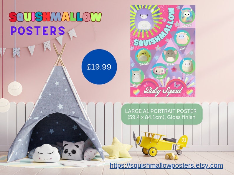 Colourful squishmallow baby squad poster featuring adorable characters. Perfect for decorating a child's room. Large A1 poster printed in high quality gloss finish. Quick turnaround times. Limited edition. In stock now.