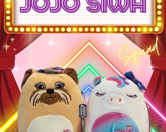 Squishmallow exclusive Jojo Siwa Squad elegant beautiful A1 poster perfect for kids play room featuring Jojo Unicorn & BowBow on stage