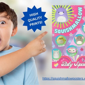 Colourful squishmallow baby squad poster featuring adorable characters. Perfect for decorating a child's room. Large A1 poster printed in high quality gloss finish. Quick turnaround times. Limited edition. In stock now.
