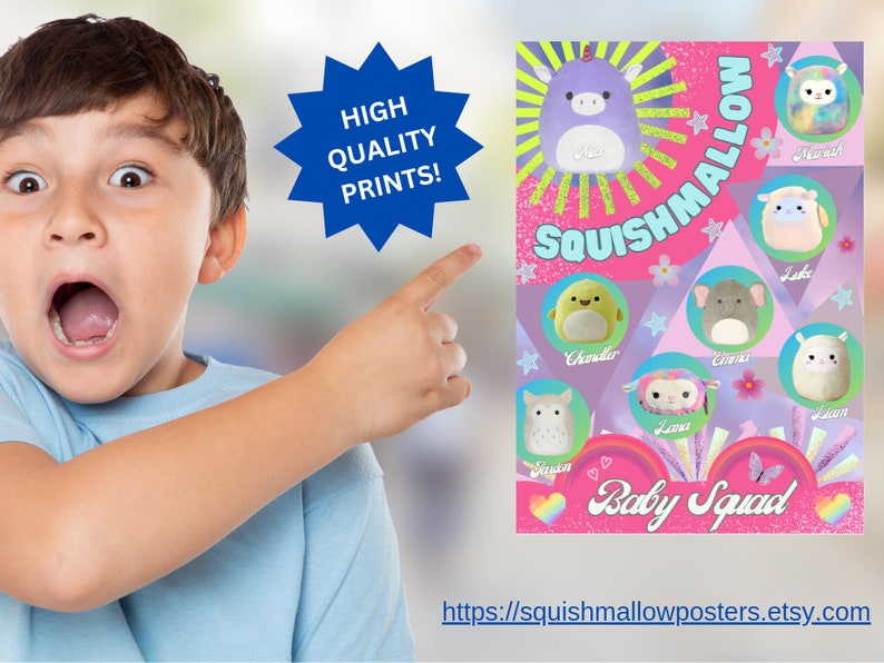 Colourful squishmallow baby squad poster featuring adorable characters. Perfect for decorating a child's room. Large A1 poster printed in high quality gloss finish. Quick turnaround times. Limited edition. In stock now.