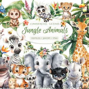 Aquarel baby jungle dieren clipartbundel, schattige safaridieren decor kinderkamer, jungle babyshower, safari dieren png, leeuw aap clipart