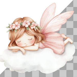 May include: A watercolor illustration of a sleeping fairy with pink wings and a flower crown. The fairy is lying on a white cloud.