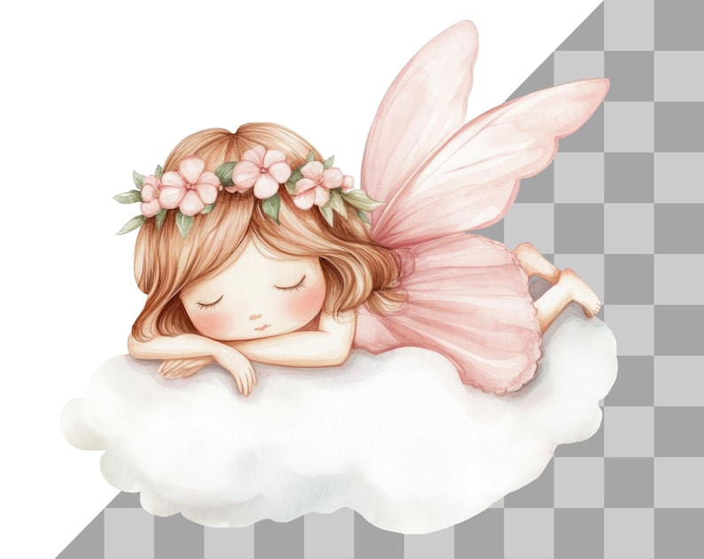 May include: A watercolor illustration of a sleeping fairy with pink wings and a flower crown. The fairy is lying on a white cloud.