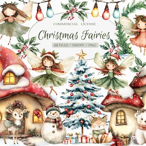 Aquarell Weihnachten Feengarten kleine Feen Clipart Bündel, niedliche Weihnachtswald Clipart, magische Feiertage Clipart, Herbst Clipart