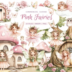 Paquete de imágenes prediseñadas de pequeñas hadas rosas del jardín de hadas de acuarela, lindas hadas del bosque y flores rosas, imágenes prediseñadas de la primera fiesta de cumpleaños, imágenes prediseñadas de hadas