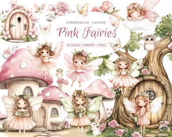 May include: A set of 63 digital illustrations featuring pink fairies, mushrooms, flowers, and houses. The fairies are wearing pink dresses and have wings. The mushrooms are pink and white. The flowers are pink and white. The houses are brown and white. The illustrations are in a watercolor style.