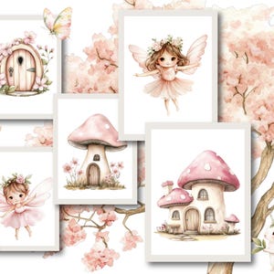 May include: Five watercolor illustrations featuring a fairy, a mushroom house, a door, and a bunny rabbit. The illustrations are set against a background of pink cherry blossoms.