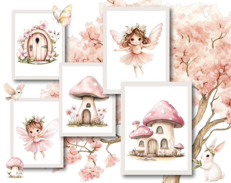 May include: Five watercolor illustrations featuring a fairy, a mushroom house, a door, and a bunny rabbit. The illustrations are set against a background of pink cherry blossoms.