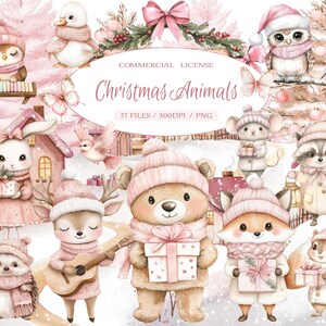 Può includere: Illustrazione ad acquerello di animali natalizi, tra cui un pinguino, un'anatra, un gufo, un coniglio, un topo, un procione, un orso, una volpe, un cervo, un riccio e uno scoiattolo. Ogni animale indossa un cappello e una sciarpa invernali. Il testo "Christmas Animals" è incluso.