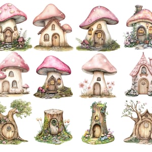 May include: A set of 10 watercolor illustrations featuring whimsical fairy houses. The houses are built into mushrooms, tree stumps, and trees. Some of the houses have doors and windows, while others have only a single opening. The illustrations are perfect for adding a touch of magic to any project.