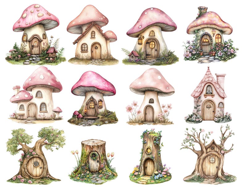 May include: A set of 10 watercolor illustrations featuring whimsical fairy houses. The houses are built into mushrooms, tree stumps, and trees. Some of the houses have doors and windows, while others have only a single opening. The illustrations are perfect for adding a touch of magic to any project.