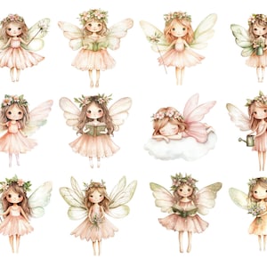 May include: Twelve watercolor illustrations of fairies with wings, flowers, and various accessories. Each fairy is depicted with a different pose and expression, including holding a book, a watering can, a wand, and sleeping on a cloud.