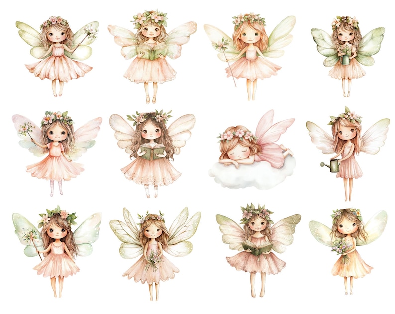 May include: Twelve watercolor illustrations of fairies with wings, flowers, and various accessories. Each fairy is depicted with a different pose and expression, including holding a book, a watering can, a wand, and sleeping on a cloud.