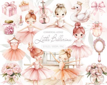 Watercolor Little Pink Ballerina Clipart Bundle, Cute Swan Lake Ballet Girls, Ballerina First Birthday Party Clipart, Watercolor Ballerina