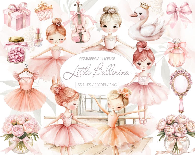 Watercolor Little Pink Ballerina Clipart Bundle, Cute Swan Lake Ballet ...