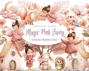 Pink Garden Fairy Clipart, Forest Animals, Nursery Decor (Digital Download)