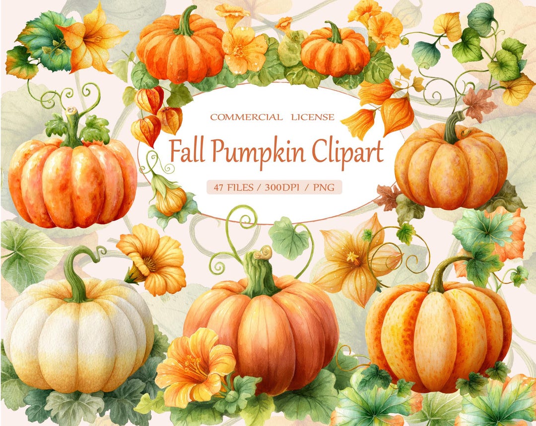 Watercolor Autumn Orange Pumpkin Clipart Bundle, Fall Cute Pumpkin ...
