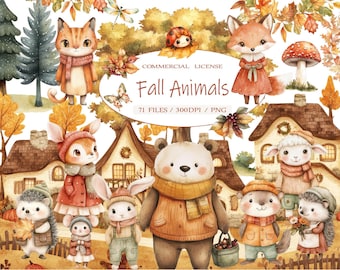 Watercolor Fall Woodland Forest Animals Clipart Bundle, Cute Autumn Animals Nursery Decor, Baby Shower Clipart, Fall Animals PNG