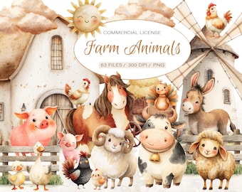 Watercolor Baby Farm Animals Clipart Bundle, Nursery Art (PNG)
