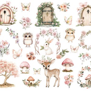May include: A collection of watercolor illustrations featuring whimsical woodland creatures, flowers, and fairy doors. The illustrations include a deer, owl, rabbit, bird, butterflies, and floral wreaths. The fairy doors are painted in a light wood color with intricate details.