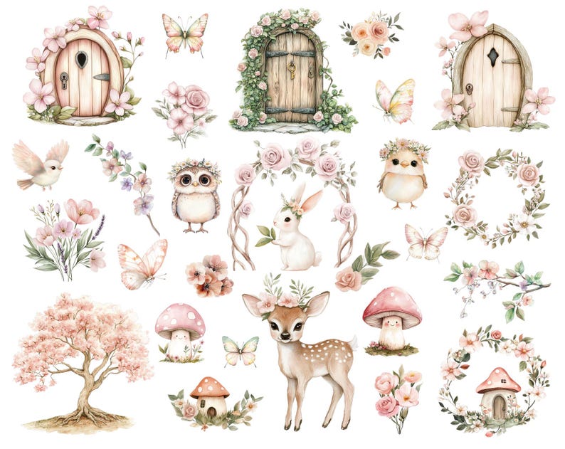 May include: A collection of watercolor illustrations featuring whimsical woodland creatures, flowers, and fairy doors. The illustrations include a deer, owl, rabbit, bird, butterflies, and floral wreaths. The fairy doors are painted in a light wood color with intricate details.