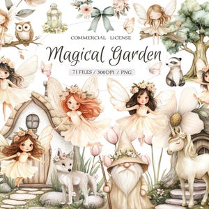 Bundle de cliparts aquarelle jardin féerique petits fées bohèmes, forêt fantastique mignonne et clipart de fête d'anniversaire de fées bohèmes, clipart de fées