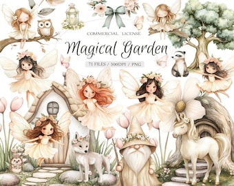 Watercolor fairy garden little boho fairies clipart bundle,Cute fantasy forest and  boho fairies first birthday party clipart, Fairy clipart