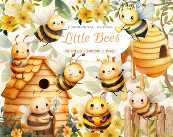 Watercolor little babies honey bee clipart bundle, Cute sweet baby bees and flowers shower and wall art clipart, Baby bee clipart