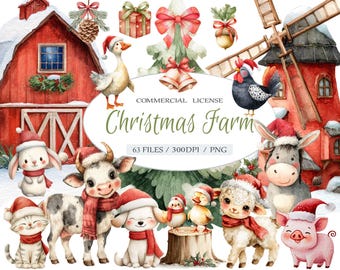 Watercolor Sweet Christmas Baby Farm Animals Clipart Bundle, Funny Farm Life Clipart and Cottage Nursery Art, Farm Animals PNG