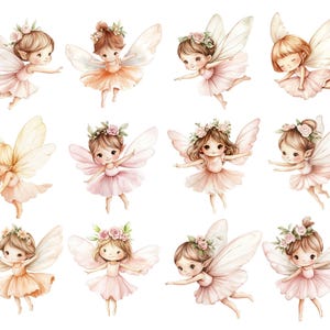 May include: Watercolor illustration of ten fairies with pink wings and floral crowns. Each fairy is wearing a pink dress and has a different expression on their face.