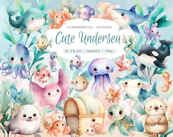 Watercolor undersea babies fish animals clipart bundle, Cute ocean sea life baby shower and wall art clipart, Under the sea png