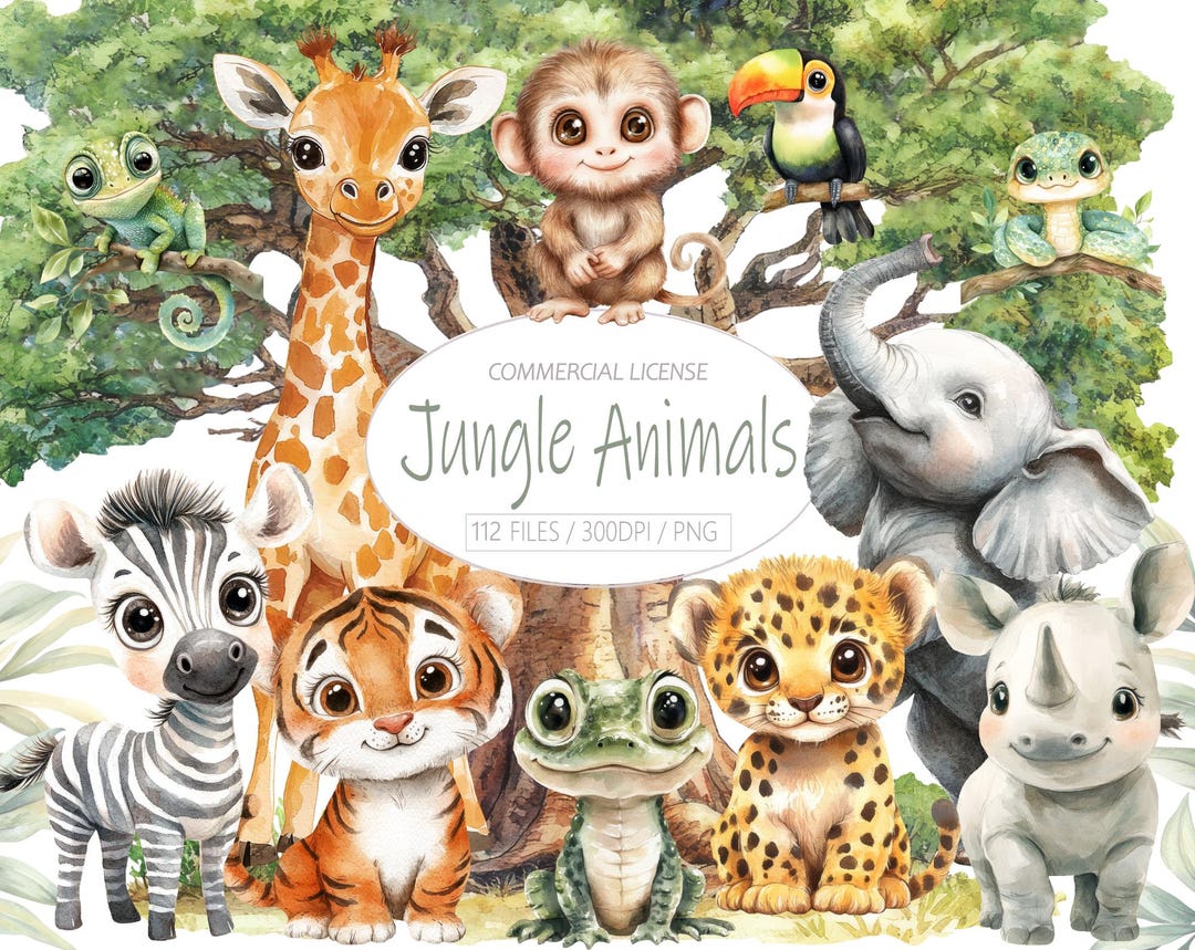 Watercolor Baby Jungle Animals Clipart Bundle, Cute Safari Animals ...