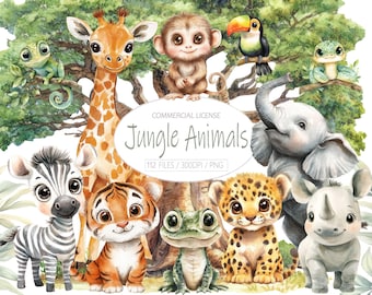Watercolor Baby Jungle Animals Clipart Bundle, Cute Safari Animals Nursery Decor, Jungle Baby Shower, Safari Animal PNG, Lion Monkey Clipart