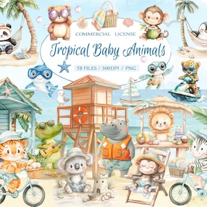 Lot de cliparts aquarelle d'été plage bébé animaux, journée ensoleillée à la plage et animaux tropicaux mignons, clipart baby shower, clipart vacances à la plage