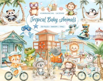 Watercolor summer beach baby animals сlipart bundle, Sunny beach day and cute tropical animals, Baby shower clipart, Beach holiday clipart