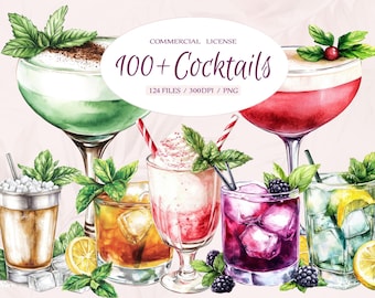 Watercolor Tropical Summer Cocktail Bar Menu Clipart Bundle, Wedding Cocktail Sign, Alcohol Cocktail Clipart, Cocktails Margarita PNG