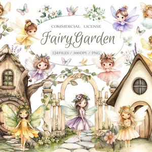 Aquarela mágica jardim primavera fadas clipart Bundle, Cute conto de fadas primeira festa de aniversário clipart, cogumelo casa de fadas clipart
