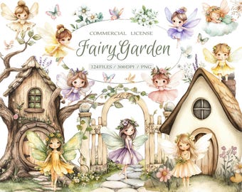 Watercolor magical spring garden fairies clipart Bundle, Cute fairytale fairy first birthday party clipart, Mushroom fairy house clipart