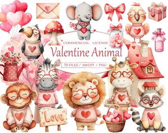 Aquarel Valentine dierlijke clipart, schattige romantische boho babydieren, zoete dieren png, kinderkamer clipart, liefde clipart digitale download