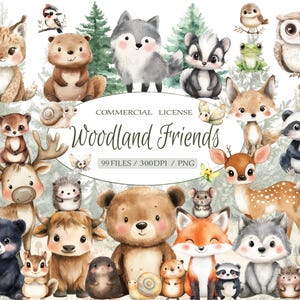 Watercolor Woodland Forest Babies Animals Clipart Bundle, Cute Forest Animals Nursery Decor, Baby Shower Clipart, Wodland Animals PNG