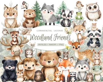 Watercolor Woodland Forest Babies Animals Clipart Bundle, Cute Forest Animals Nursery Decor, Baby Shower Clipart, Wodland Animals PNG