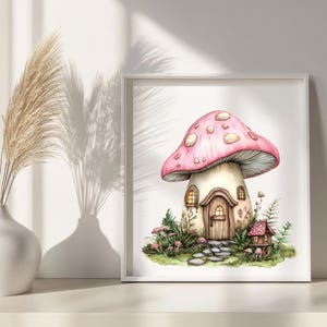 May include: A watercolor painting of a mushroom house with a pink and white mushroom cap, a brown door, and a small window. The house is surrounded by green grass and flowers.