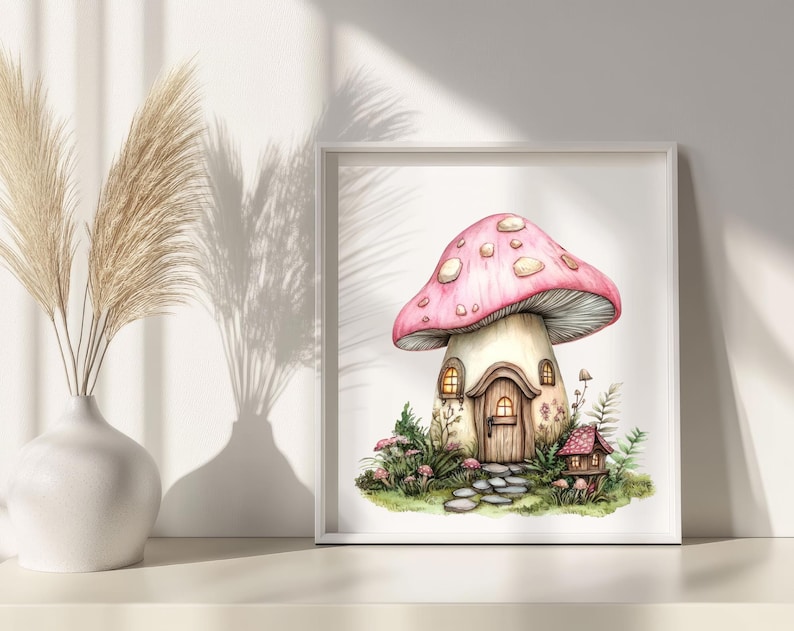 May include: A watercolor painting of a mushroom house with a pink and white mushroom cap, a brown door, and a small window. The house is surrounded by green grass and flowers.