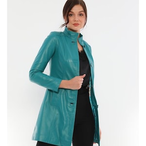 Handmade turquoise trench coat for women, Leather long winter jacket